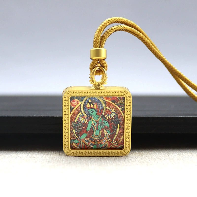 green tara mini square gold tibetan thangka pendant – sacred protection amulet (gold leaf decorated)