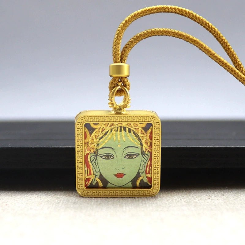 green tara mini square gold tibetan thangka pendant – sacred protection amulet (gold leaf decorated)