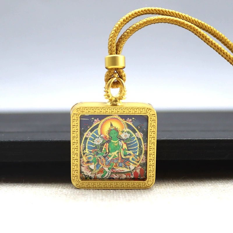 green tara mini square gold tibetan thangka pendant – sacred protection amulet (gold leaf decorated)