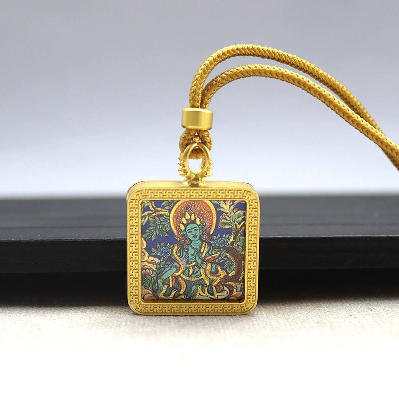 green tara mini square gold tibetan thangka pendant – sacred protection amulet (gold leaf decorated)