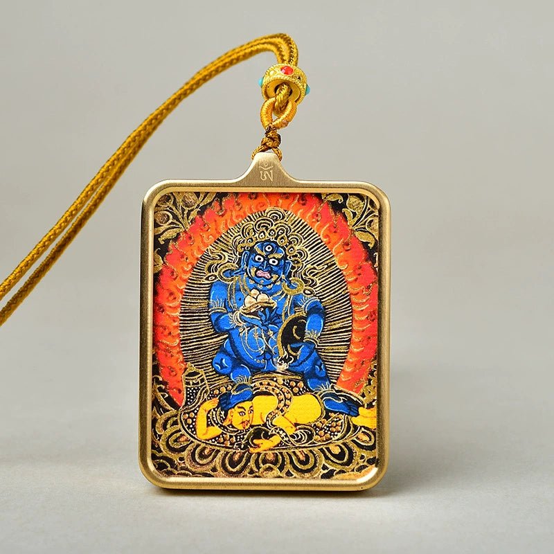 six armed mahakala luxury gold tone titanium thangka amulet pendant (gold leaf decorated) six armed mahakala luxury gold tone titanium thangka amulet pendant (gold leaf decorated)
