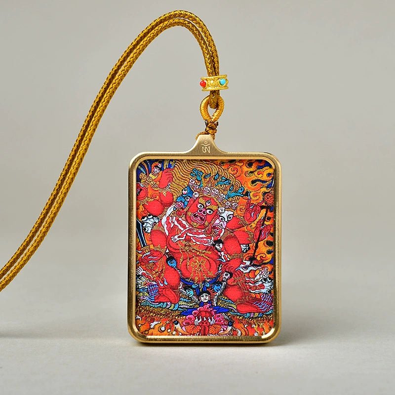 six armed mahakala luxury gold tone titanium thangka amulet pendant (gold leaf decorated) six armed mahakala luxury gold tone titanium thangka amulet pendant (gold leaf decorated)