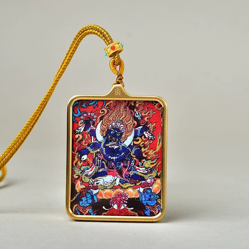 six armed mahakala luxury gold tone titanium thangka amulet pendant (gold leaf decorated) six armed mahakala luxury gold tone titanium thangka amulet pendant (gold leaf decorated)