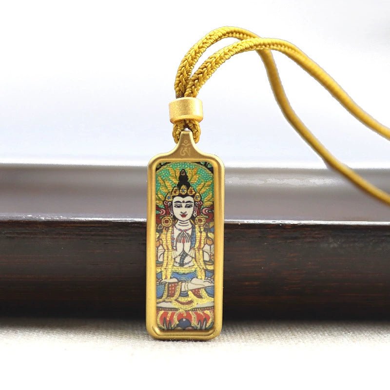 thousand armed avalokiteshvara mini rectangular gold tibetan thangka pendant – sacred protection amulet (gold leaf decorated) thousand armed avalokiteshvara mini rectangular gold tibetan thangka pendant – sacred protection amulet (gold leaf decorated)