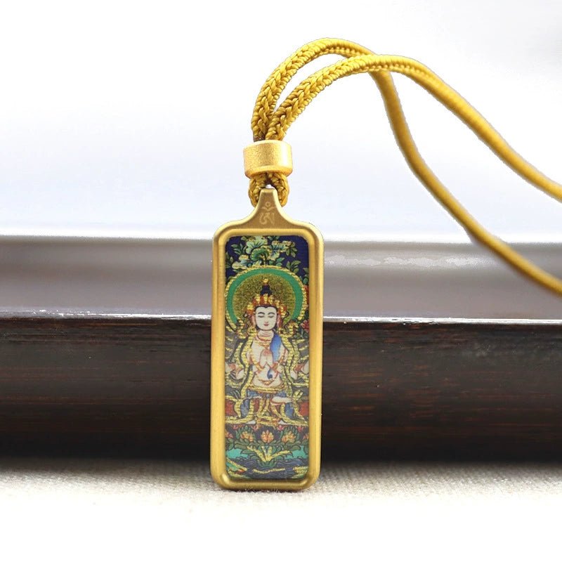 thousand armed avalokiteshvara mini rectangular gold tibetan thangka pendant – sacred protection amulet (gold leaf decorated) thousand armed avalokiteshvara mini rectangular gold tibetan thangka pendant – sacred protection amulet (gold leaf decorated)