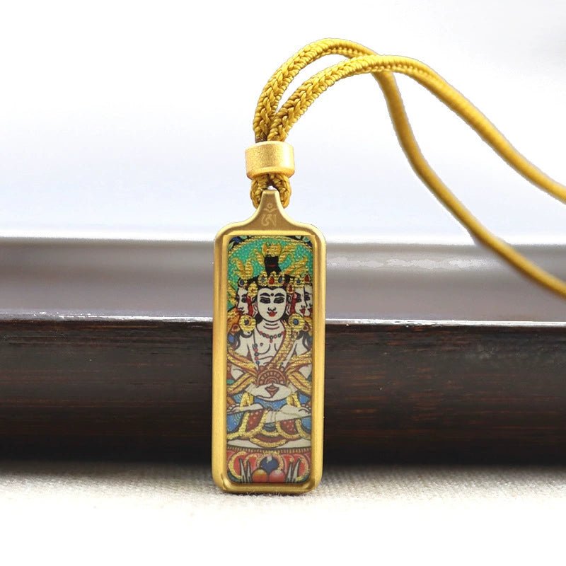 vairocana buddha mini rectangular gold tibetan thangka pendant – sacred protection amulet (gold leaf decorated)