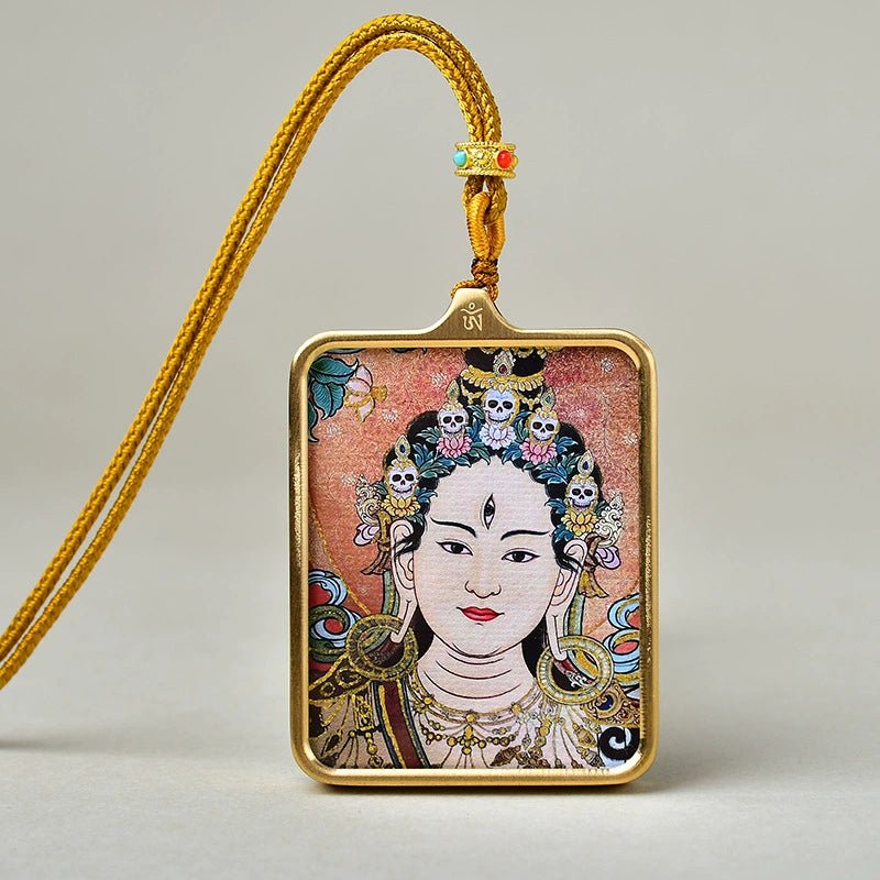 white tara luxury gold tone titanium thangka amulet pendant (gold leaf decorated)