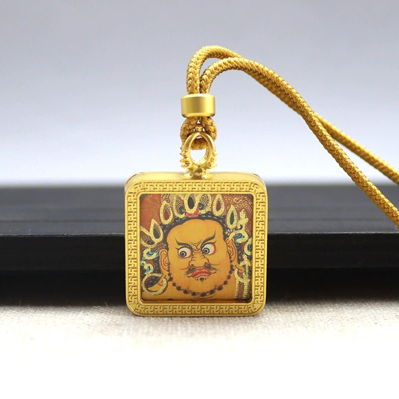 yellow jambhala (god of wealth) mini square gold tibetan thangka pendant – sacred protection amulet (gold leaf decorated) yellow jambhala (god of wealth) mini square gold tibetan thangka pendant – sacred protection amulet (gold leaf decorated)
