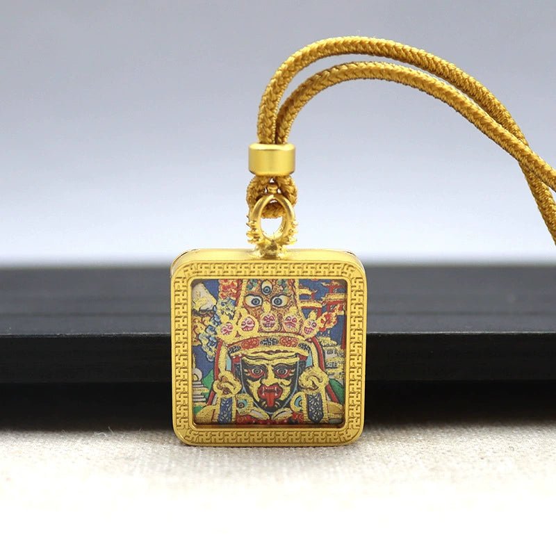 zashi lhamo (god of wealth) mini square gold tibetan thangka pendant – sacred protection amulet (gold leaf decorated)