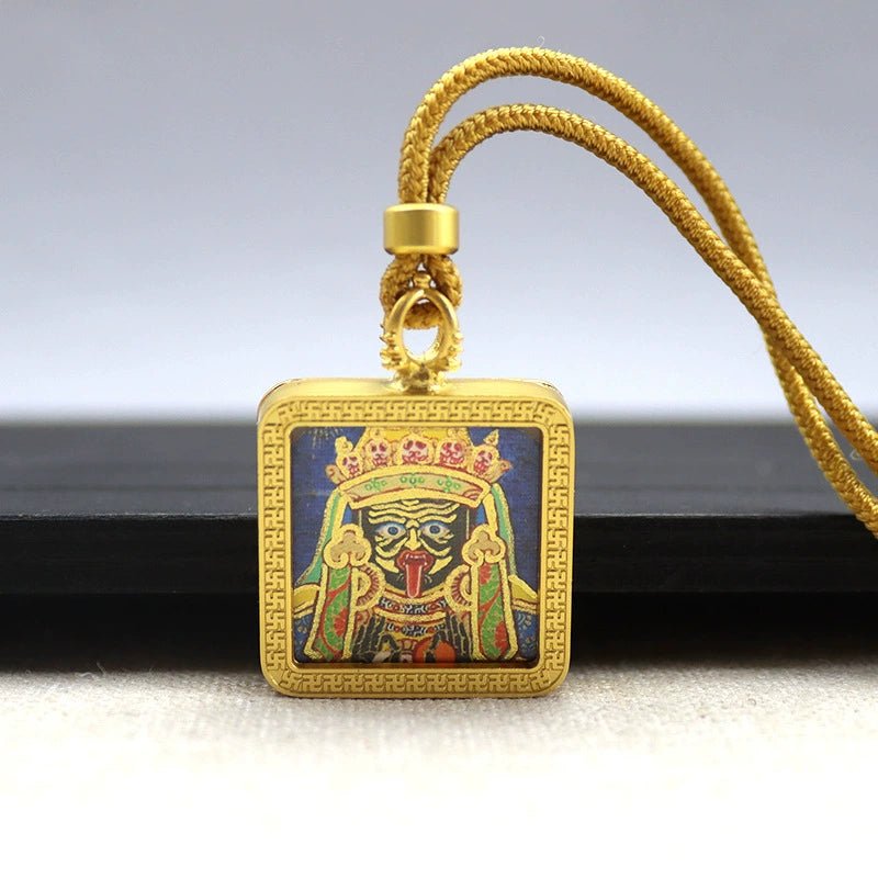 zashi lhamo (god of wealth) mini square gold tibetan thangka pendant – sacred protection amulet (gold leaf decorated)